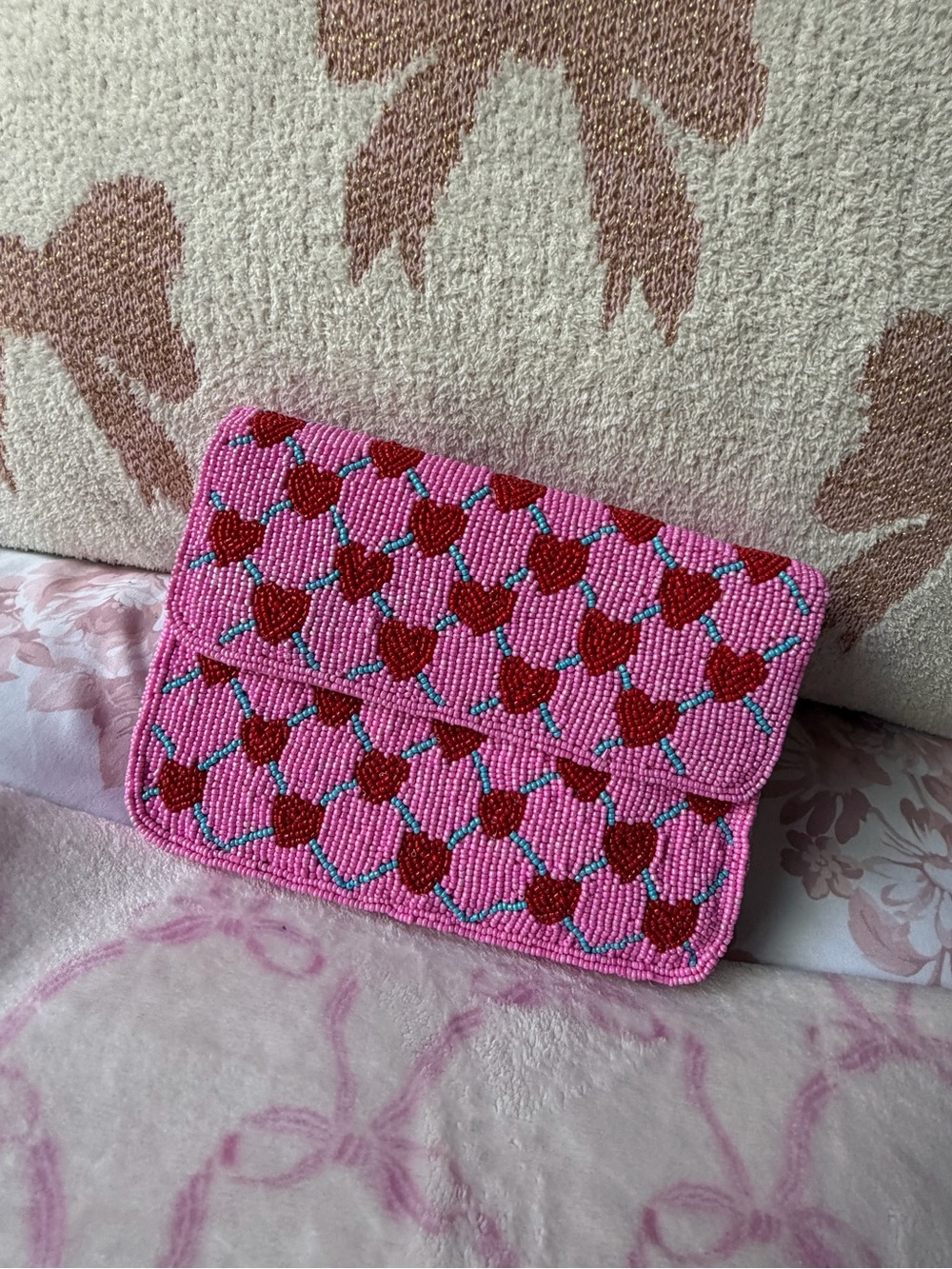 Pink Beaded Heart Clutch